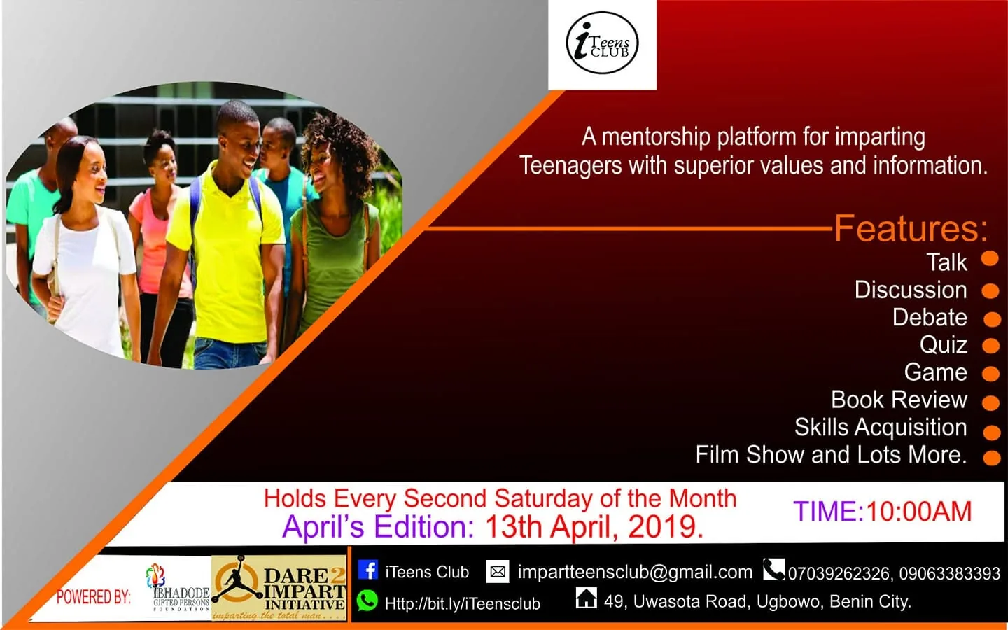 iTeens Club flyer describing a mentorship platform for teenagers, April 2019.