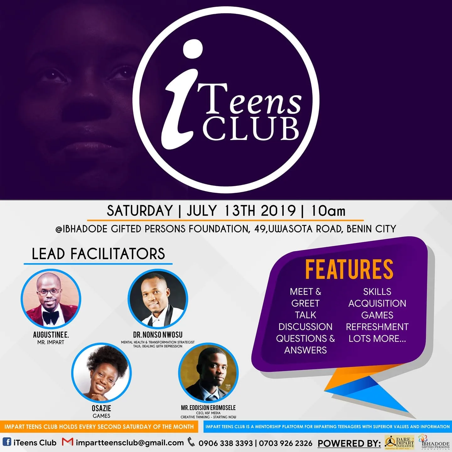 iTeens Club session flyer listing the lead facilitators, July 2019.