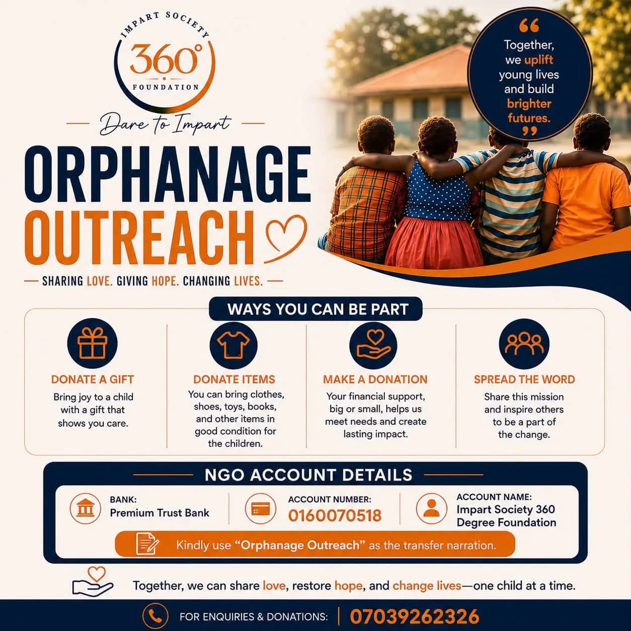 Orphanage Outreach flyer listing ways to take part: donate a gift, donate items, make a donation, spread the word.