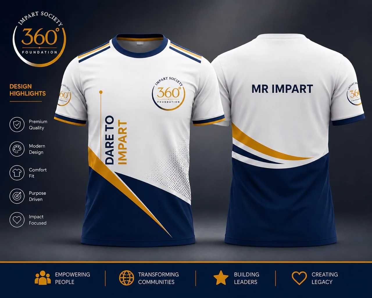 The Foundation's official shirt in navy, gold and white, carrying the Dare to Impart mark.