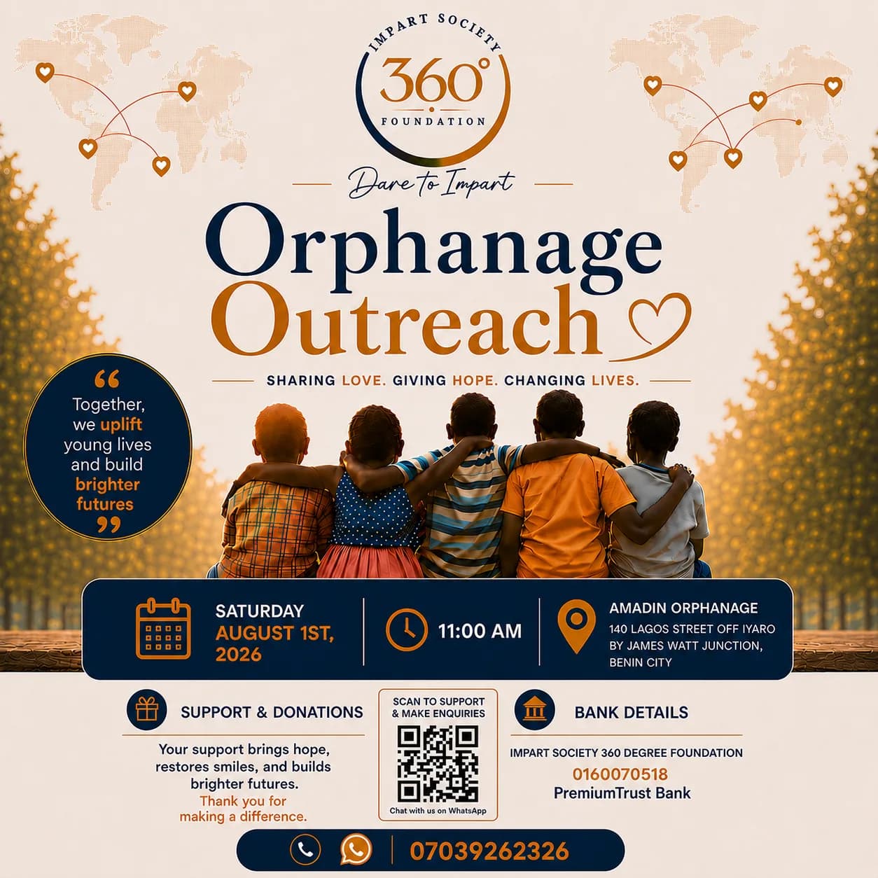 Orphanage Outreach flyer: sharing love, giving hope, changing lives. Amadin Orphanage, Saturday 1 August 2026.