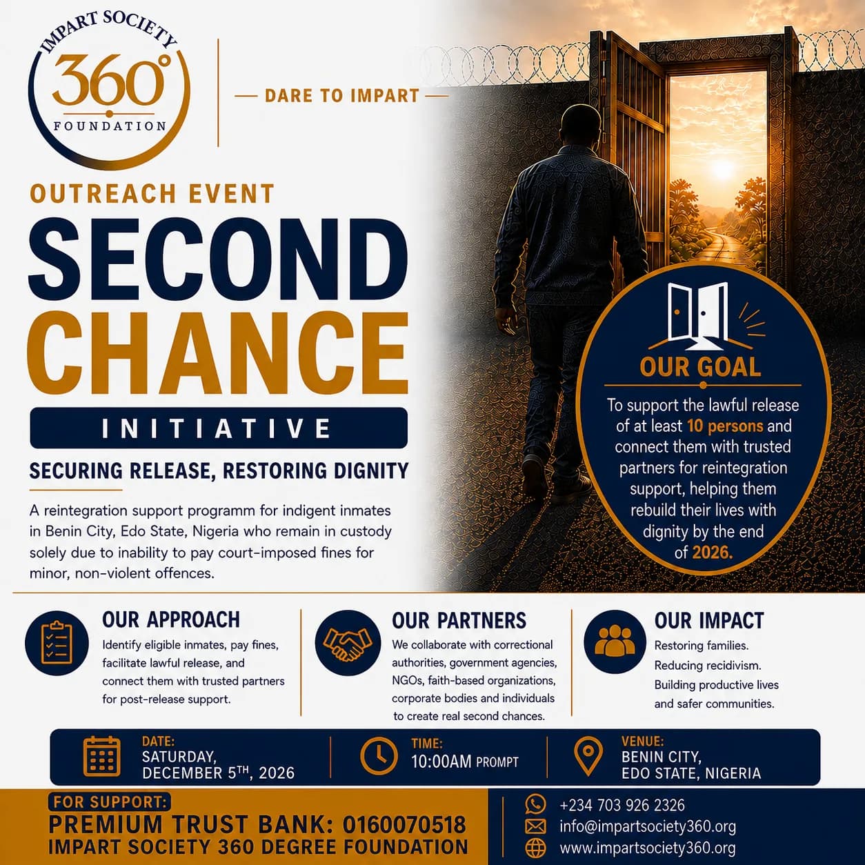 Second Chance Initiative flyer: securing release, restoring dignity. Outreach event, Saturday 5 December 2026, Benin City.